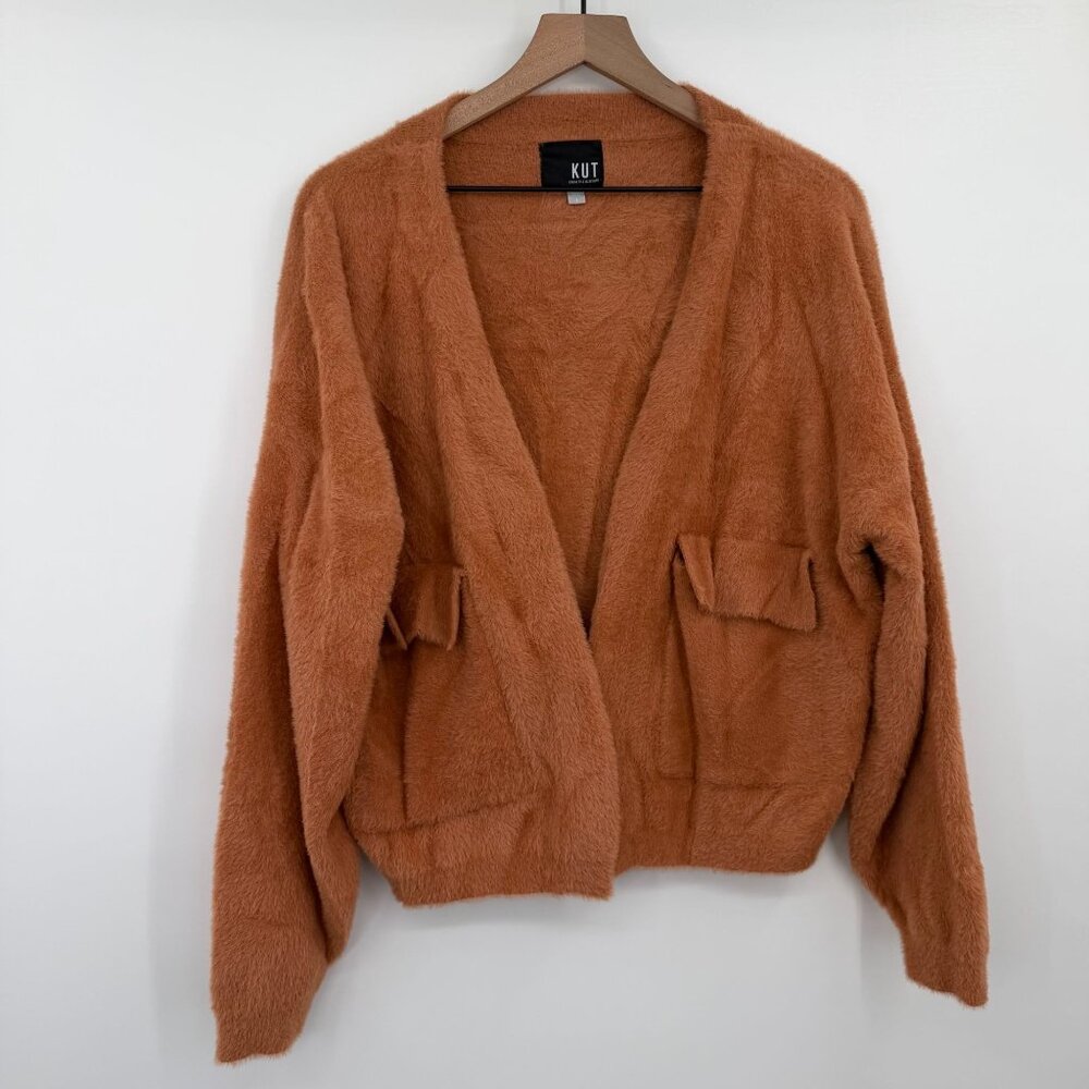 Kut From The Kloth Jana Open Front Fuzzy Cardigan Women Large Rust Relaxed
